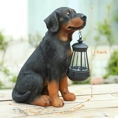 Garden Dog Statues Outdoor Decor, 13" Solar Powered LED Lights Outdoor Statue Garden Decorations Rottweiler Figurine for Patio, Lawn, Yard Decor, Housewarming Garden