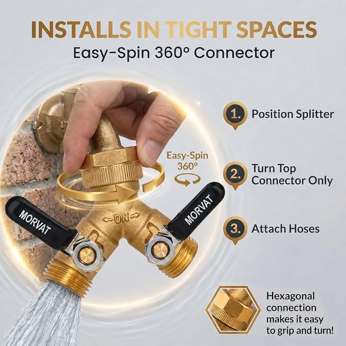 Morvat Brass 2-Way Y Splitter LEAD-FREE, Heavy-Duty Garden Hose Connector with Extra Long Butterfly Comfort Grip ON/OFF Valves, Adapter for Water Faucet & Spigot, Extra 5 Washers, Teflon Tape (1-Pack)