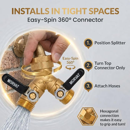 Morvat Brass 2-Way Y Splitter LEAD-FREE, Heavy-Duty Garden Hose Connector with Extra Long Butterfly Comfort Grip ON/OFF Valves, Adapter for Water Faucet & Spigot, Extra 5 Washers, Teflon Tape (1-Pack)