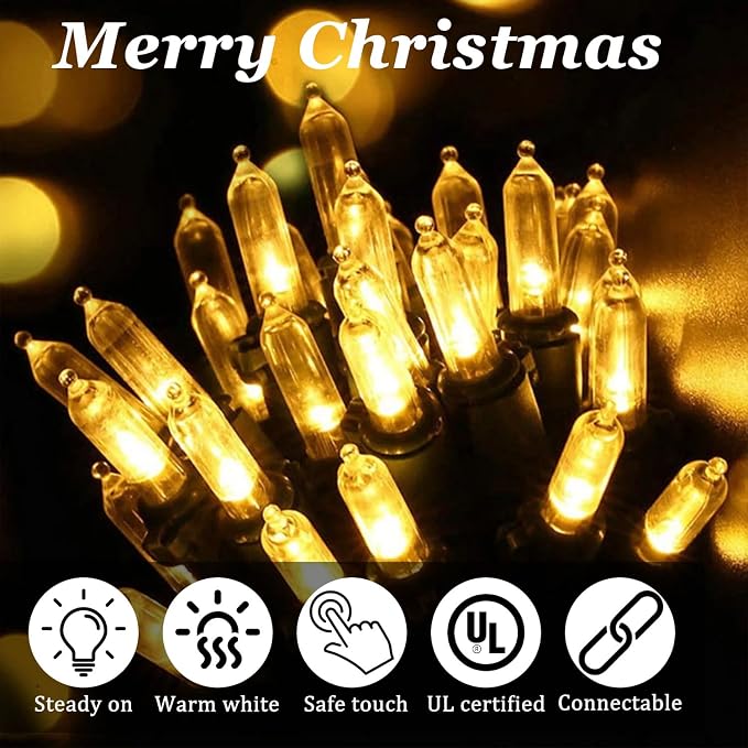Warm White Christmas Lights Outdoor, 25FT 100 Count Incandescent Mini Christmas Lights Black Wire, Waterproof Fairy Lights, Connectable Xmas String Lights for Christmas Tree, Garland, Wedding Decor