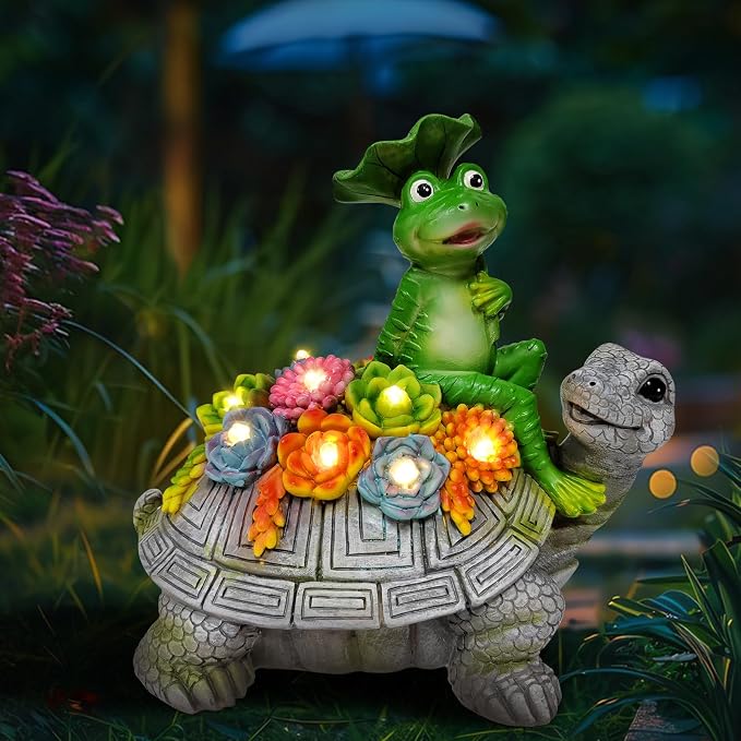 Solar Garden Outdoor Statues Turtle& Frog with Succulent and 8 LED Lights, Turtle Carrying Lotus Leaf Frog Figurines, Lawn Decorations for Patio Yard Gifts for Mom Grandma Housewarming