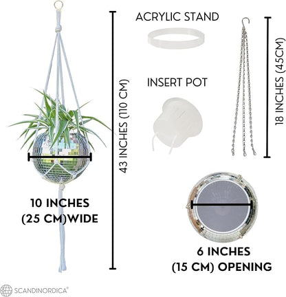 SCANDINORDICA Disco Ball Planter – Value Package: Mirror Disco Planter with Chain, Macrame Hanger and Acrylic Stand for Desk, Includes Self Watering Insert, Eclectic Home Decor | 10 inch Silver