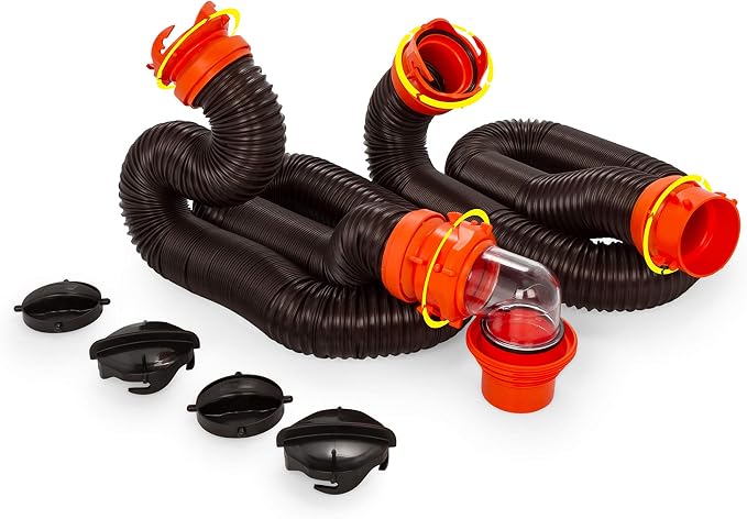 Camco RhinoFLEX 20’ Camper/RV Sewer Hose Kit + Camco Sidewinder 10-Ft Camper/RV Sewer Hose Support