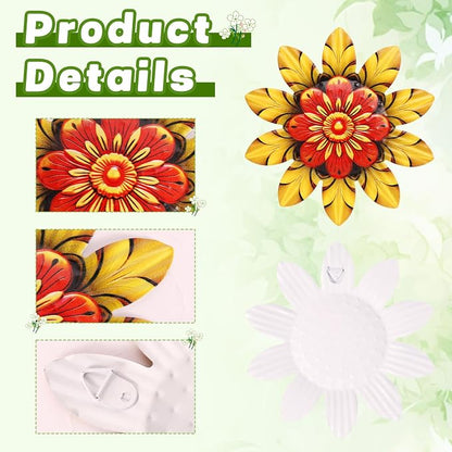 BINBE 4Pcs Metal Flower Wall Decor Outdoor Garden Hanging Sculpture 4 Styles Colorful Metal Flower Decor for Patio Garden Fence Yard Patio Balcony Living Room