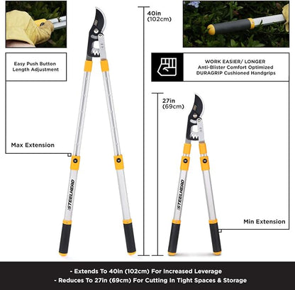 STEELHEAD Heavy-Duty 27-40" Adjustable Gear-Bypass Limb & Branch Lopper, Telescoping Extendable Handles, Ratcheting, Cuts Up to 1-3/4”, Secateurs, Shock-Absorbing, Effort-Saving, USA-Based Support | Telescoping Extendable Handles, Cuts to 1-3/4", Shock...