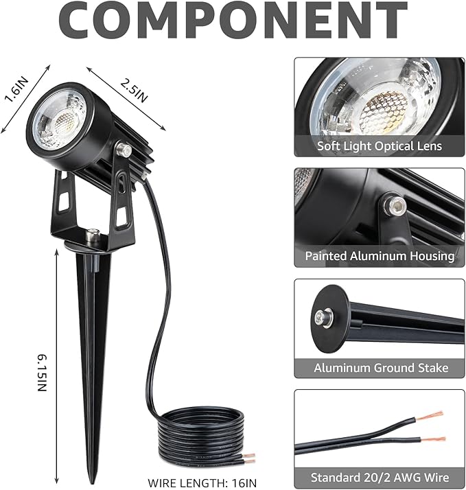 SUNVIE 3W Low Voltage Landscape Lighting LED Landscape Spotlights with Connectors Waterproof Low Voltage Landscape Lights 3000K Warm White Uplights Outdoor Spot Lights for Yard Garden House, 4 Pack | Waterproof 12-24V Low Voltage Landscape Light 300LM ...