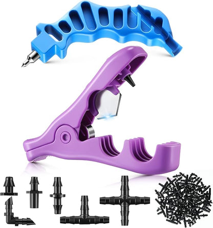 Feekoon Drip Irrigation Punch Tool & 2 in 1 Drip System Punch Tool with 115 Irrigation Plugs, for 1/4'' Fitting Emitter Insertion. for Outdoor Garden Home Gardening Landscaping Lawn Pipe System Hose