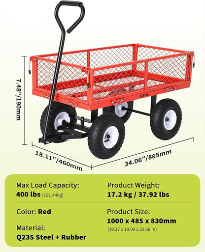 Garvee Versatile Outdoor Utility Cart-400LBS Heavy-Duty, 10" All-Terrain Pneumatic Tires, Easy Maneuverable Lawn Cart with Removable Mesh Panels for Gardening&Landscaping, Red, with Waterproof Liner