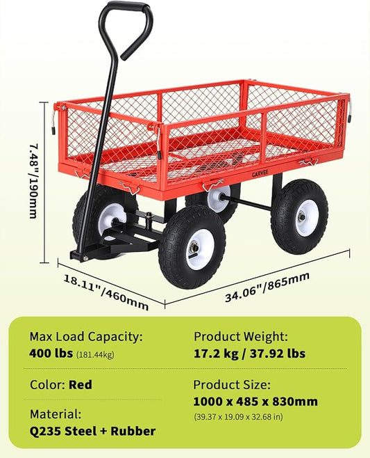 Garvee Versatile Outdoor Utility Cart-400LBS Heavy-Duty, 10" All-Terrain Pneumatic Tires, Easy Maneuverable Lawn Cart with Removable Mesh Panels for Gardening&Landscaping, Red, with Waterproof Liner