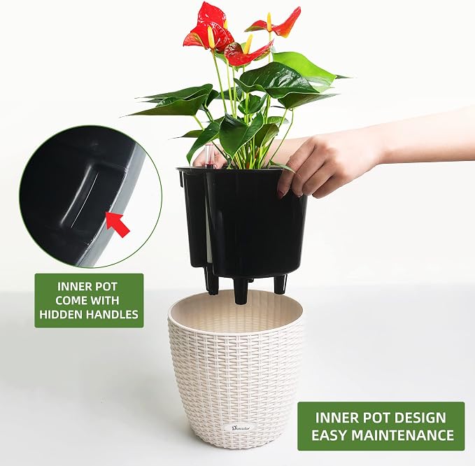 Dexceder 11x10 Self Watering Planter (Ivory White Rattan) | Inner Pot Design, Thickened Table Flower Plant Pot with Water Level Indicator Indoor Outdoor
