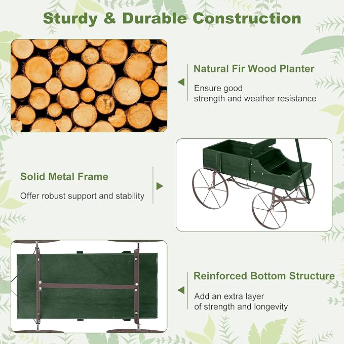 HAPPYGRILL Wooden Wagon Planter, 24.5” x 13.5” x 24” Decorative Garden Planter w/ 2 Planting Sections, Wheels, Handle, Small Decorated Cart, Flower Planter Box for Indoor Outdoor Patio (Green)