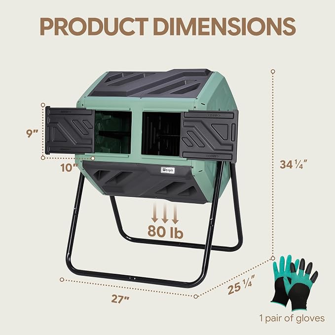 Werph 43 Gal Dual Chamber Compost Tumbler for Garden & Yard, Green & Black | Fast Assembly, 43 Gal Dual Chambers & Aeration System, 360° Rotating Tumbler, for Garden, Kitchen, & Yard (Gloves Included)