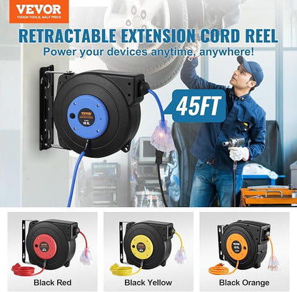 VEVOR Retractable Extension Cord Reel, 45 FT, Heavy Duty 12AWG/3C SJTOW Extension Power Cord with Lighted Triple Tap Outlet, 15A Circuit Breaker 180° Swivel Bracket for Ceiling or Wall Mount, Blue