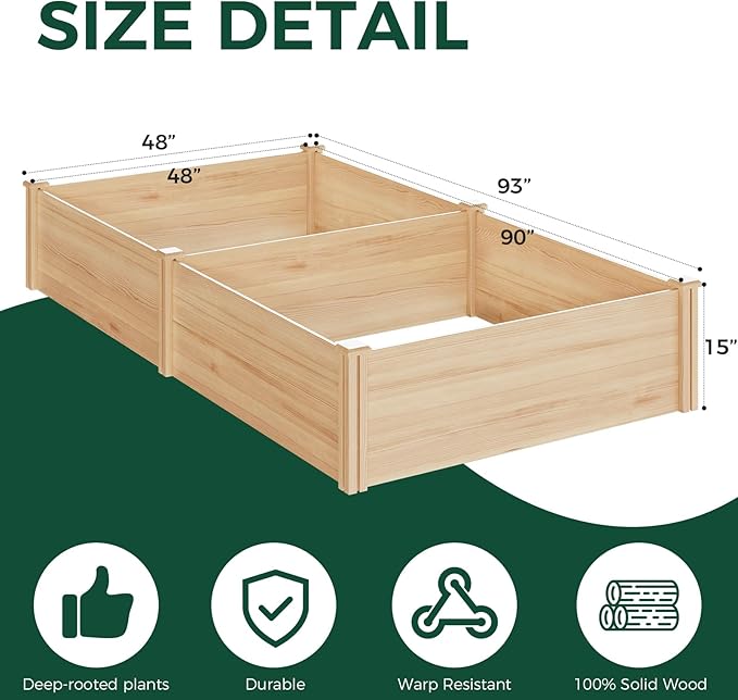 Raised Garden Bed for Outdoor, 8x4 Ft Wood Garden Bed with 15 Inch Depth for Flowers/Vegetables/Herbs in Backyard Patio Outdoor, Open Base Bottom Planter Box