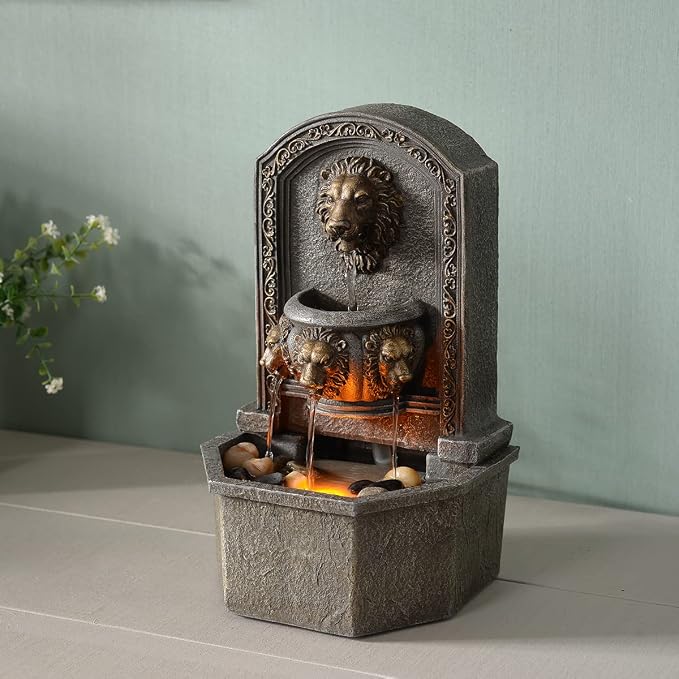 GOSSI 10.3 Inch Lion Head Tabletop Water Fountain, Classic Resin Indoor Zen Waterfall Fountain with Cobblestone, Soothing Water Sounds for Office and Home Decor (20135)