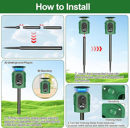 Upgraded Solar Ultrasonic Animal Repellent,360° Cat Repellent Outdoor with Motion Sensor,IP65 Waterproof Dog Repeller with Flash Light to Drive Away Rabbit Deer Squirrel Skunk for Yard Garden Lawn