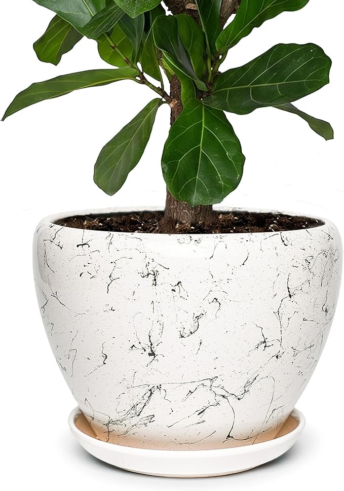 11 Inch Ceramic Plant Pot with Drainage Hole Mesh Net, Large Gardening Pots for Indoor Plants with Saucer, White Silk