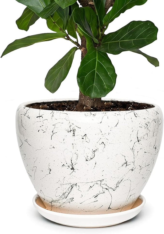 11 Inch Ceramic Plant Pot with Drainage Hole Mesh Net, Large Gardening Pots for Indoor Plants with Saucer, White Silk
