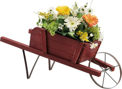 S AFSTAR Wood Wheelbarrow Planter, Flower Plant Pot Wheelbarrow Cart w/Metal Wheel & 9 Replaceable Magnet Accessories, Wooden Wagon Planter Wheelbarrow Decor for Outdoor Garden Backyard (Red)