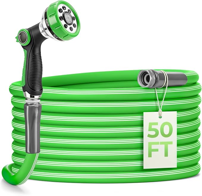 Garden Hose 50 Ft With 8-Pattern Spray Nozzle, 5/8" Lead-Free Water Hose | Flexible Hose, 3/4" Anodized Aircraft-Grade Aluminum Interface, Lightweight Kink-Resistant Water Pipe For Lawn, Yard, Outdoor