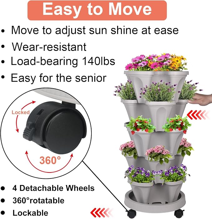 GameXcel Vertical Planter Tower - 7 Tier Stackable Garden Planters with Wheels and Tools Plant Pots for Strawberry Herb Flower and Vegetable Indoor Outdoor Use Gray