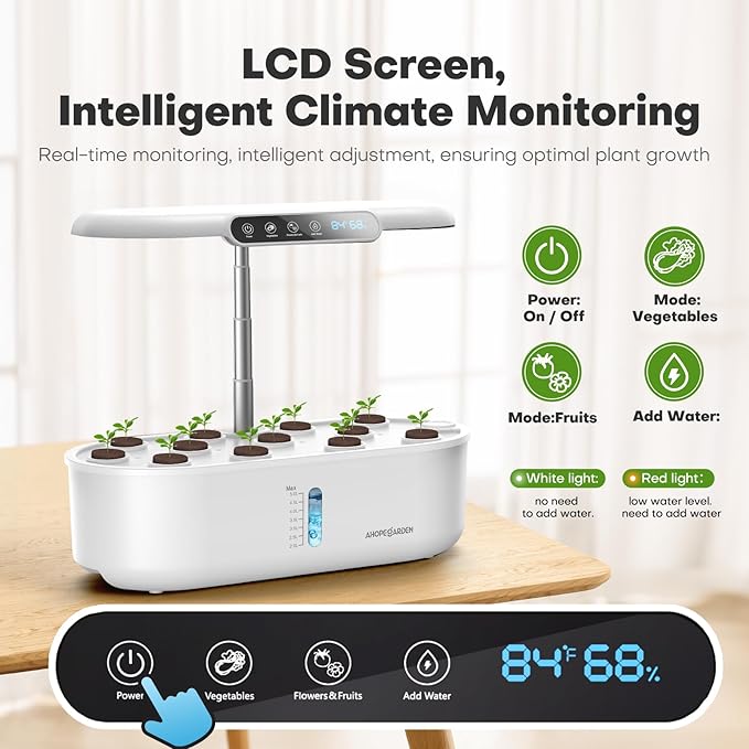 Ahopegarden Hydroponics Growing System with 12 Pods, Indoor Garden Kit with LED Grow Light & LCD Temp Humidity Display, Smart Quiet Pump Planter for Herbs, Lettuce, Vegetables, Kitchen Garden Use