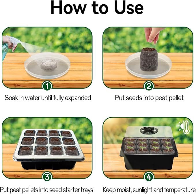 Halatool 4 Pack Seed Starter Tray with 50 PCS Peat Pellets, 48 Cells Black Seeding Starter Trays for Organic Seed Starter Soil Pods for Planting Vegetables Plants Flowers - Starting Seeds Kit