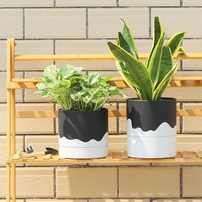 Nihow Ceramic Self Watering Plant Pot for Indoor Plants,6 Inch,Black White | Planter with Cotton Wick, Drainage Hole & Water Storage Plus, Cylinder Round Flower Pot, For Succulent/Herbs/Violets