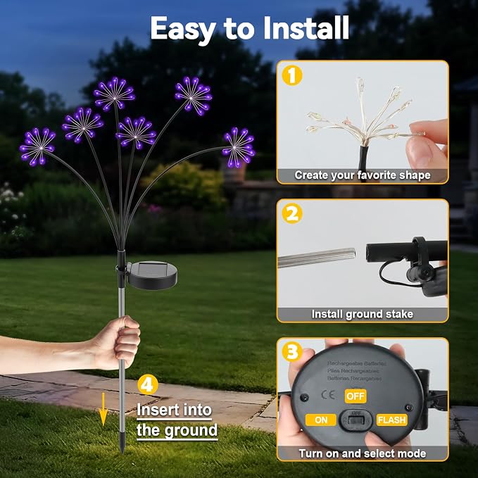 Solar Garden Lights Outdoor, Upgraded Solar Swaying Starburst Light Waterproof with 2 Modes, Solar Fairy Firework Lights for Yard Patio Pathway Flowerbed Balcony Garden Decoration (Purple, 2 Pack)