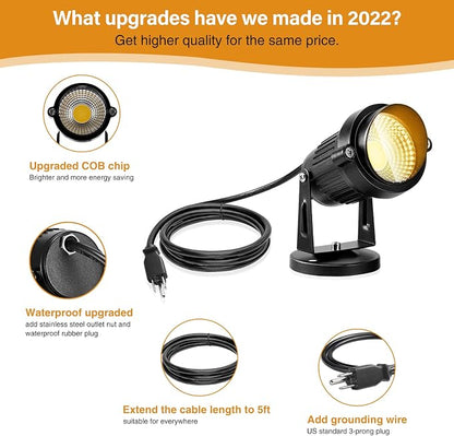 Landscape Lights - 5W 110V Outdoor Spotlight - Waterproof IP65-3000K Warm White LED Landscape Lights - 5ft Cable for Yard Garden Patio Driveway House (Include Spike) (2 Pack)