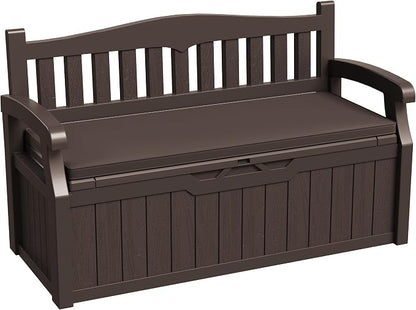 Greesum 80 Gallon Outdoor Storage Bench Deck Box with Cushion & Armrest, Lockable, Waterproof UV Resistant, Comfortable Seating for Patio, Pool, Garden, Brown