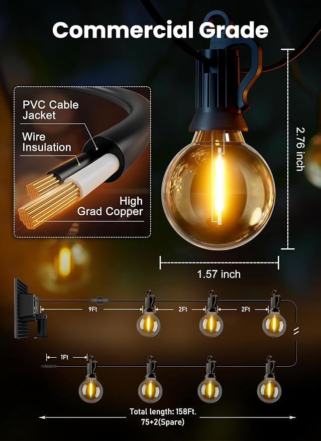 Brightown 158FT 77LED Solar String Lights Outdoor with USB Port, Shatterproof Bulbs, 3 Lighting Modes, Patio Lights Solar Powered for Camping Backyard Garden Decor - Last for 20+Hrs