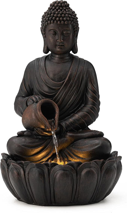 Glitzhome Zen-Style 2-Tiered Buddha Statue Polyresin Outdoor Decoration with Pump and LED Light, 20.5" H