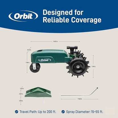 Orbit Traveling Tractor Water Sprinkler - Self-Propelled Traveling Sprinkler for Wide Lawn Coverage - Cast-Iron Body with Adjustable Coverage - Three-Speed - Automatic Shut Off - 58322