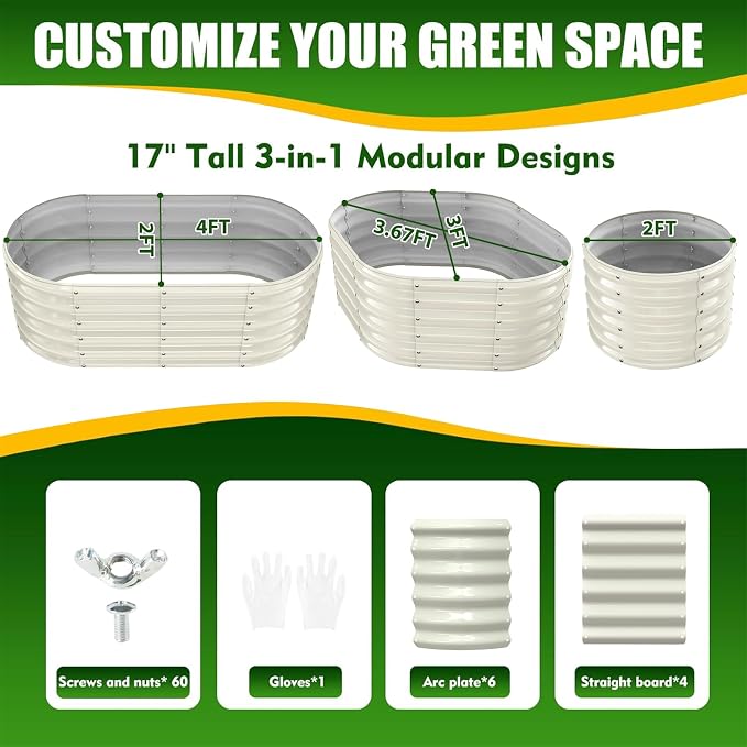 TBMLC 17" Tall Elevated Oval Metal Raised Garden Bed - 4ft x 2ft in Size and 0.8MM Thick Durable Planter Bed/Box for Vegetables Flowers Succulent at Patio/Garden Outdoor (White, 4X2X1.4 FT)