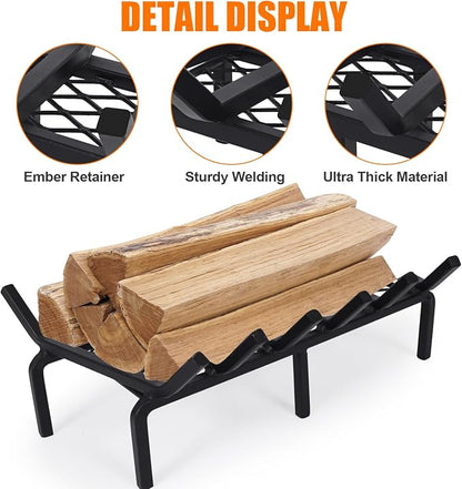 20 Inch Fireplace Grate with Ember Retainer,Cast Iron Fireplace Log Grate,Fireplace Log Holder,Heavy Duty Solid Steel Fireplace Wood Holder,Wood Stove Wrought Rack for Indoor Hearth Outdoor Fireplace