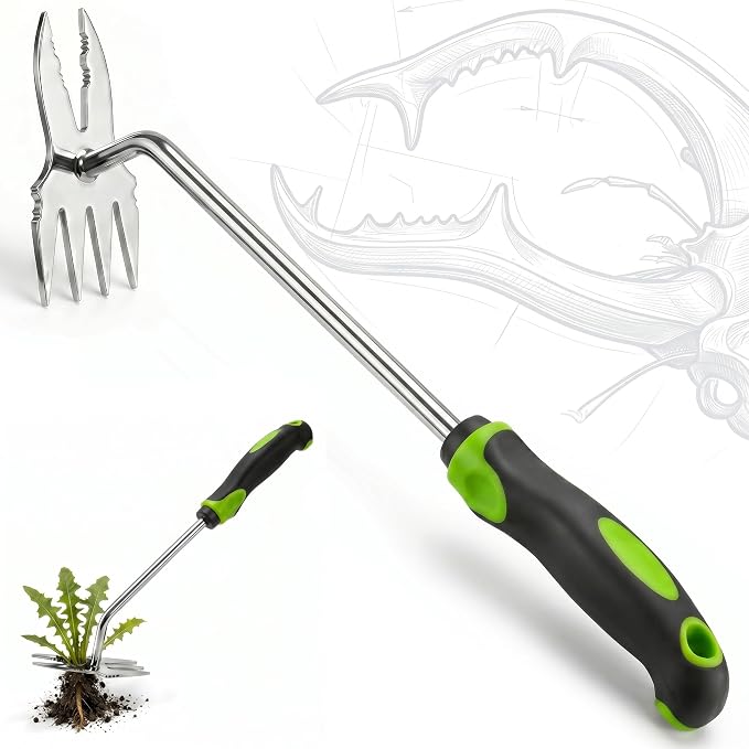 Weed Puller Tool, 2-in-1 Hand Weeder and Root Remover, Heavy Duty Stainless Steel Weeding Tool for Deep Roots, Ergonomic Garden Weed Pulling Tool for Lawn and Yard - Green