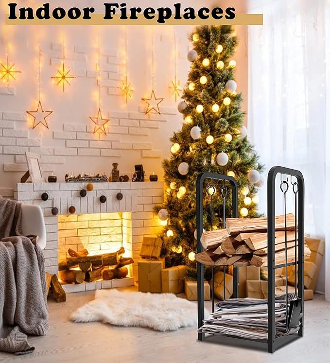 2-Tier Fireplace Firewood Rack Holder for Indoor Outdoor, Small Fire Wood Holder Log Storage Stacker Stand for Patio, Black(Without Wheels)