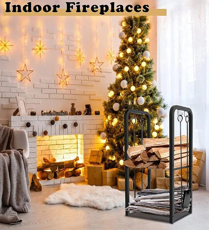 2-Tier Fireplace Firewood Rack Holder for Indoor Outdoor, Small Fire Wood Holder Log Storage Stacker Stand for Patio, Black(Without Wheels)