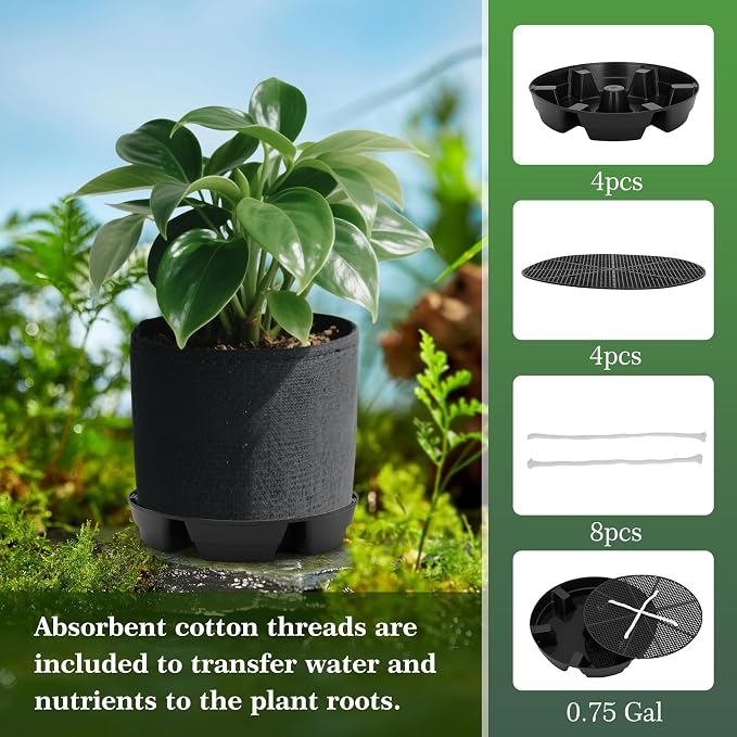 4-Pack Self Watering Fabric Pot Base, Auto Pots Fit for 5 Gallon Grow Bags, Auto-Irrigation Water Delivery System , Auto Watering Plant Saucer for Fabric Planters 3 Year Warranty (Capacity Upgrade)