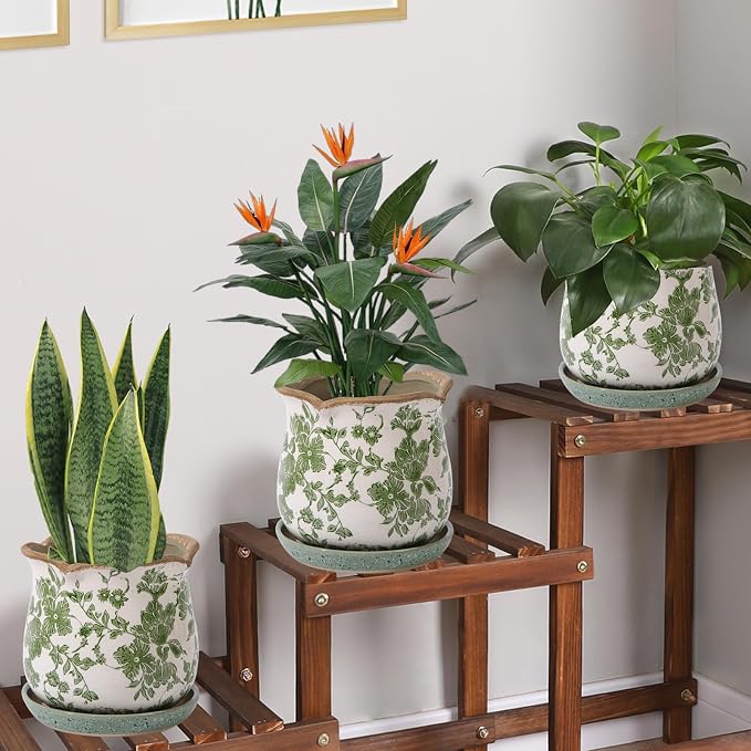 Ceramic-Planters-for-Indoor-Plants with Saucer, 6 inch Vintage Ice Crack Glaze Plant Pots with Drainage Holes, Decorative Flower Pots for Outdoor Garden Home Decor, Tuscan Pot for Plant