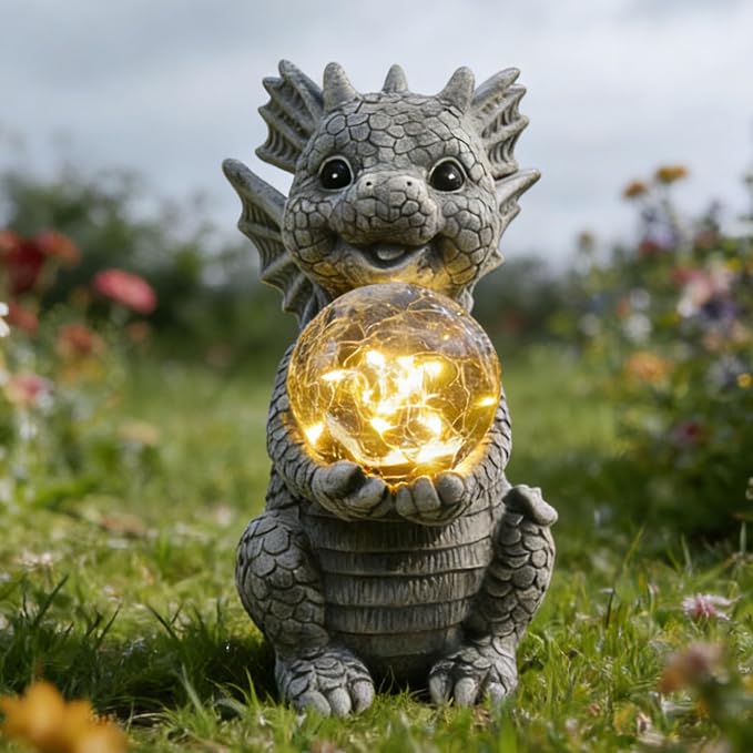 Solar Garden Decorations - Dragon Statue | Crackle Glass Ball Light, Garden Decor for Patio, Yard, Lawn, Pathway, Landescape,Housewarming Gifts for Women Mom Grandmom