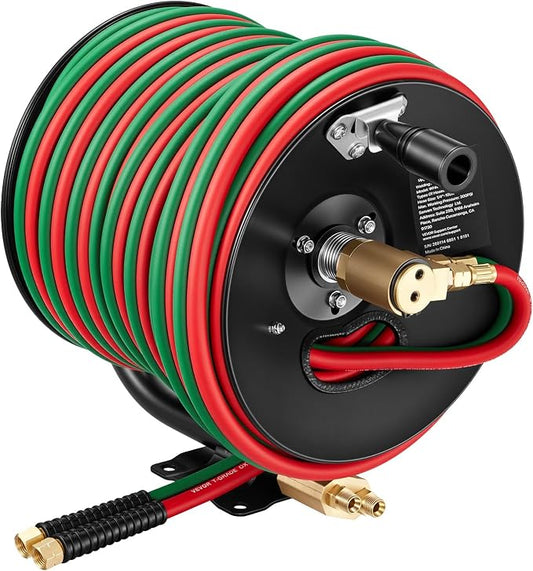 VEVOR Retractable Welding Hose Reel, Hand Crank Manual Rewind Hose Reel with 1/4 Inch x 100FT Twin Oxygen Acetylene Rubber Hose Max 300PSI - T Grade, Ceiling/Wall Mount Steel Reel for Workshop Garages