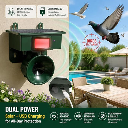 2026 Solar Ultrasonic Bird Repellent Devices Outdoor,Best Bird Deterrent for Pool,Pigeon Repellent for Balcony,Keep Crows Sparrows Starlings Out of Fruit Trees,Swimming Pool,Patio,Roof (2 Pack)