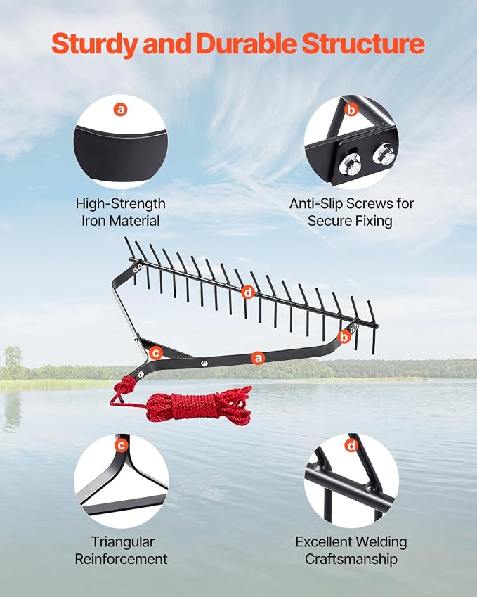 VEVOR 32 in Aquatic Weed Rake, 6.3 in Double Sided Lake Weed Rake, Lightweight Pond Weeds Cutter with 30ft Rope, No Assembly Required, Muck Lilypad Clearing Tool for Pond, Lake, Rivulet