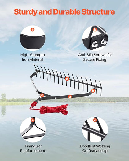 VEVOR 32 in Aquatic Weed Rake, 6.3 in Double Sided Lake Weed Rake, Lightweight Pond Weeds Cutter with 30ft Rope, No Assembly Required, Muck Lilypad Clearing Tool for Pond, Lake, Rivulet