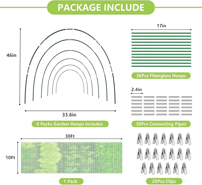 Garden Netting Kit for Raised Beds, 10x30FT Green Ultra Fine Mesh Netting ＆6 Sets of 8FT Garden Hoops, Insect Netting Row Cover Net Protect Plants Vegetable Fruits Flowers