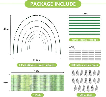 Garden Netting Kit for Raised Beds, 10x30FT Green Ultra Fine Mesh Netting ＆6 Sets of 8FT Garden Hoops, Insect Netting Row Cover Net Protect Plants Vegetable Fruits Flowers