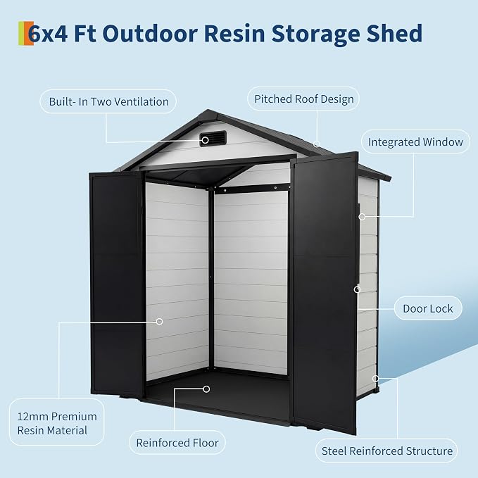 Outdoor Storage Shed with Floor, Plastic Resin Garden Shed with Window & Sloping Roof & Lockable Door for Patio Backyard Garden, Lawn Mower, Bike, Tool Storage (Grayish White + Black, 6' x 4')