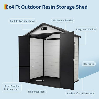 Outdoor Storage Shed with Floor, Plastic Resin Garden Shed with Window & Sloping Roof & Lockable Door for Patio Backyard Garden, Lawn Mower, Bike, Tool Storage (Grayish White + Black, 6' x 4')